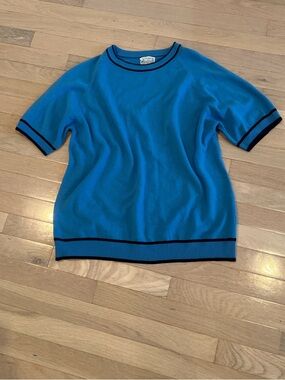 Bright Blue Short-Sleeve Crewneck Sweater with Contrast Trim
